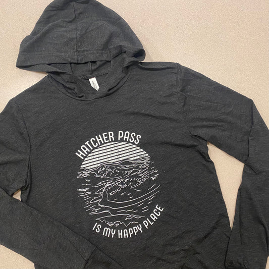 “Hatcher Pass is my Happy Place” Long Sleeve Hooded T-shirt